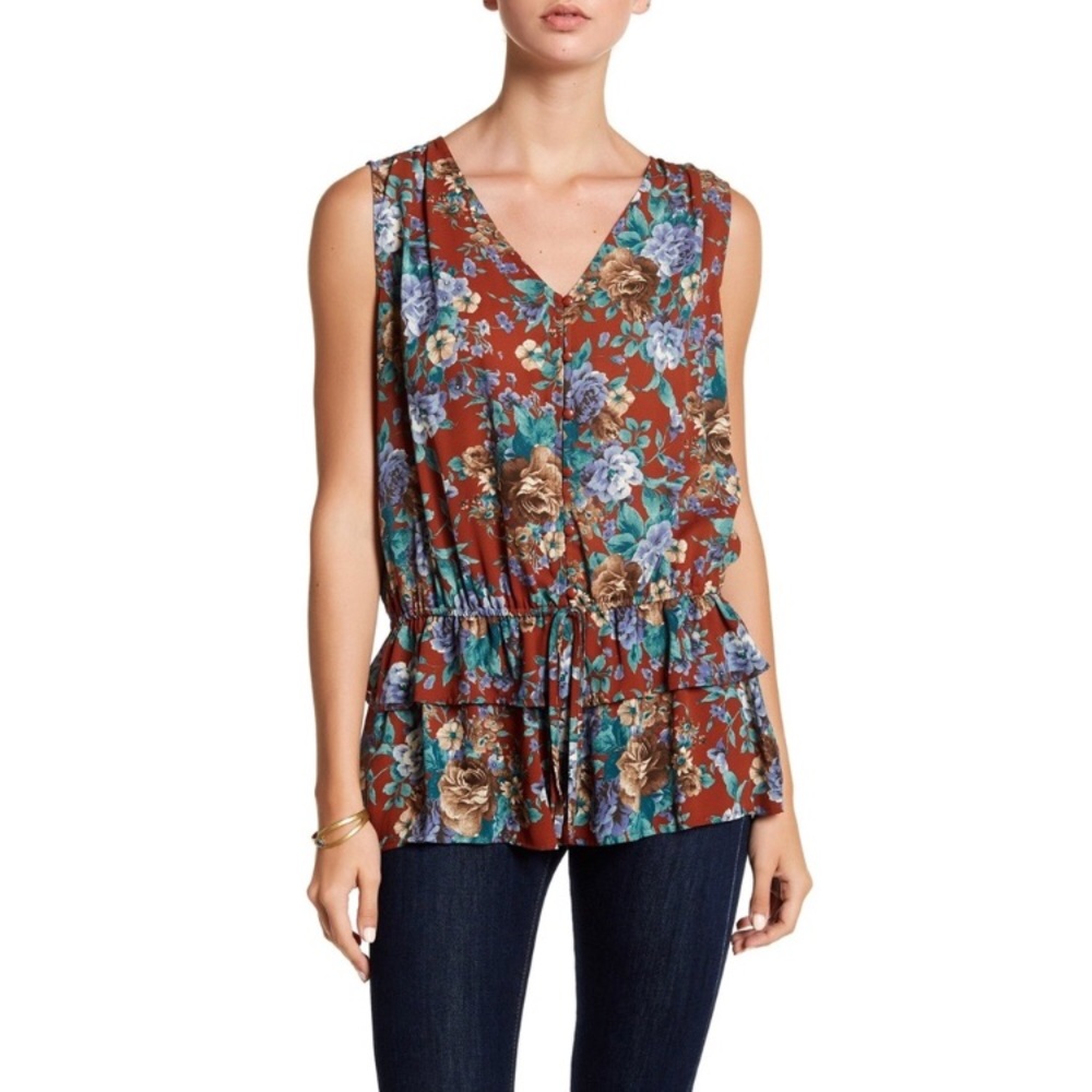 Anthropologie Pleione Ruffle Peplum Blouse Floral